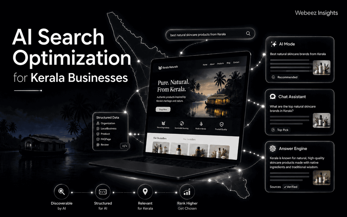 AI search optimization dashboard showing Kerala business website visibility across Google AI Mode, ChatGPT and Perplexity