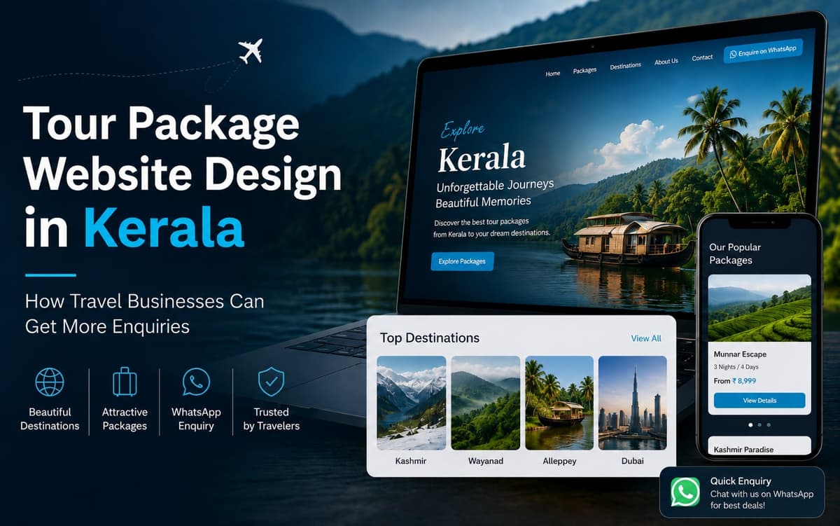 Tour package website design concept for Kerala travel agencies with package listings, WhatsApp enquiry and booking features