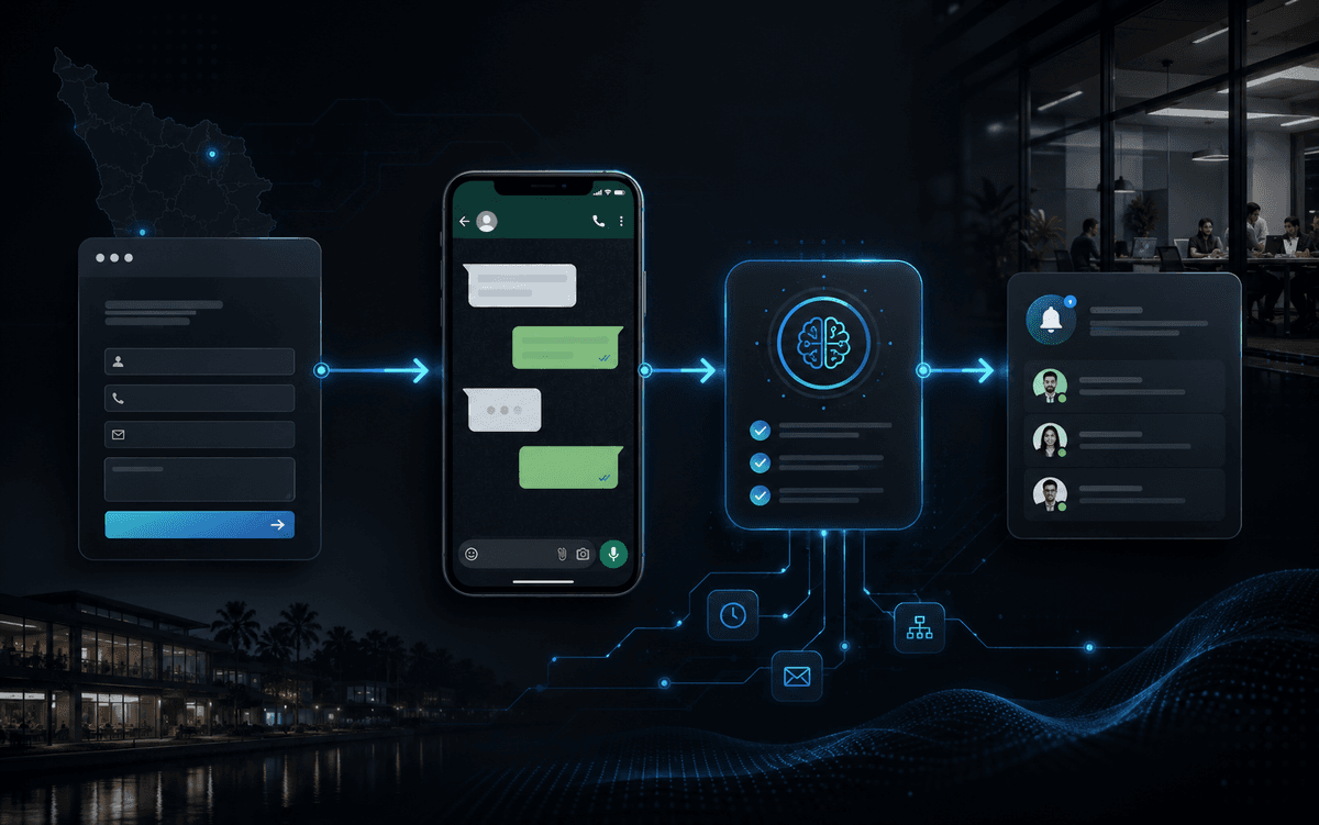 WhatsApp automation workflow for Kerala businesses capturing website and WhatsApp enquiries