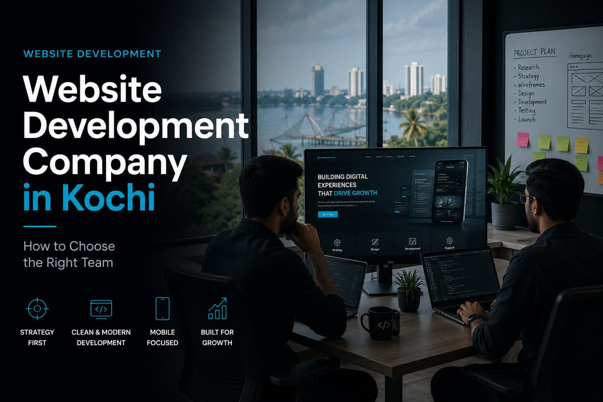 Website development team reviewing a responsive business website interface in Kochi