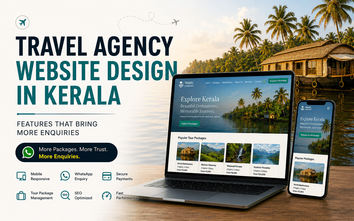 Modern travel agency website design in Kerala displayed on laptop and mobile screens