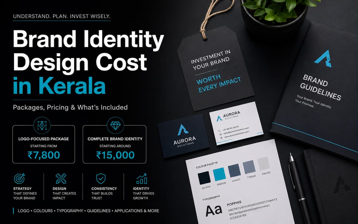 Brand identity design cost in Kerala showing logo, colour palette, typography and brand guidelines