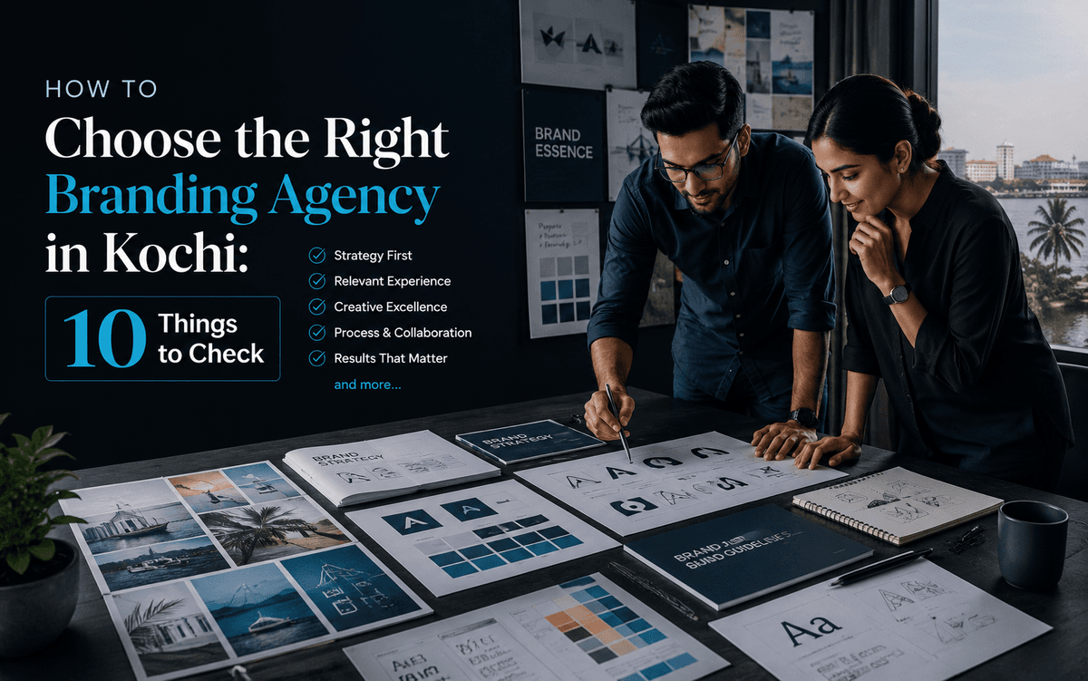Business owners reviewing brand identity concepts with a branding agency in Kochi