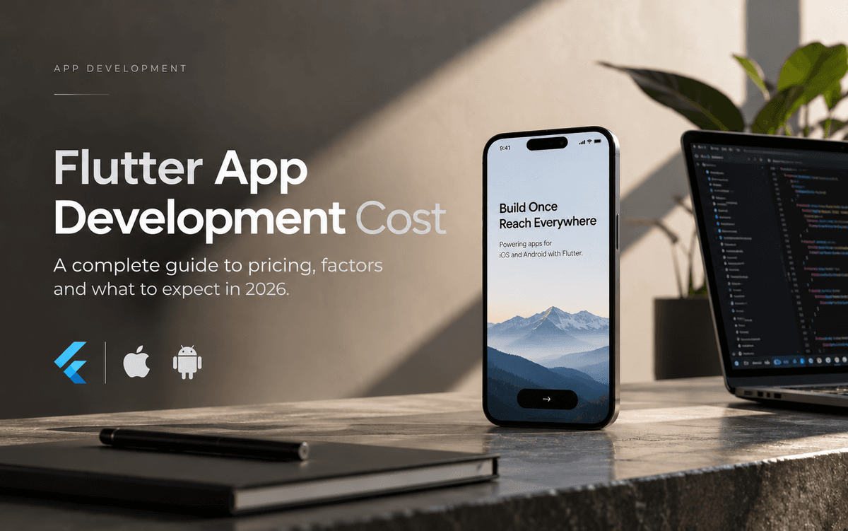 Flutter cross-platform mobile and web application development interface on mobile and laptop screens
