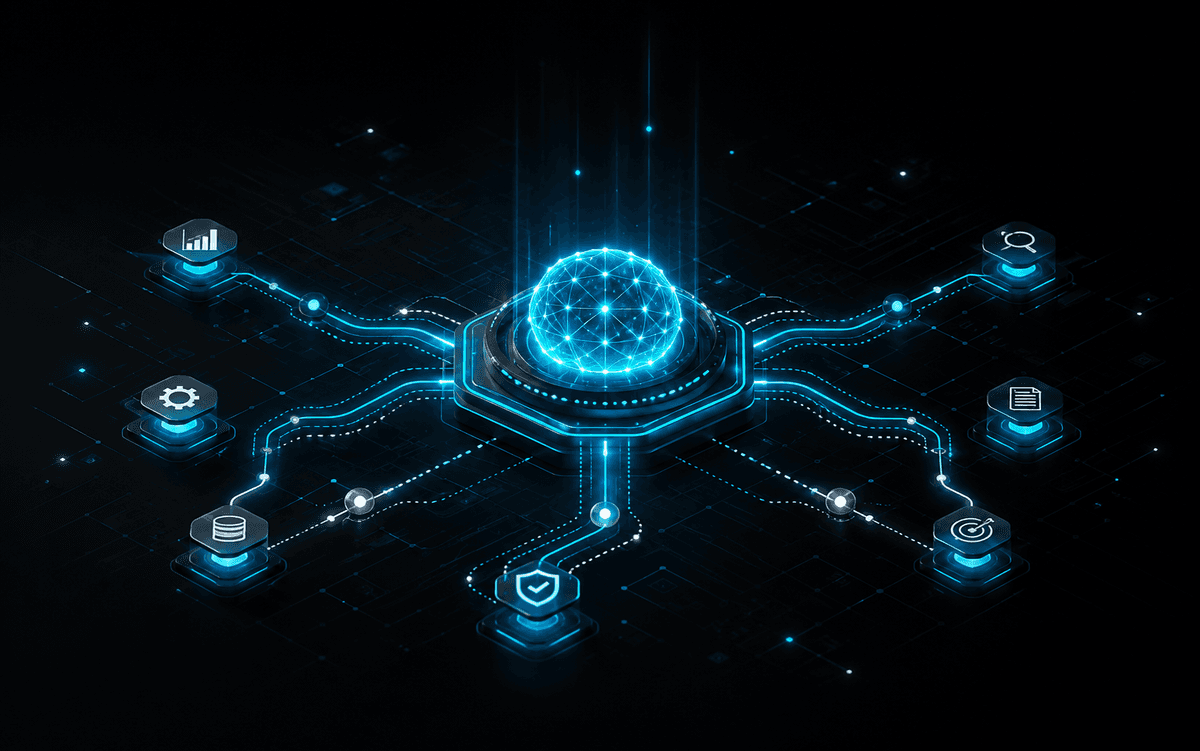Abstract AI automation system with connected digital nodes representing reliable business workflows
